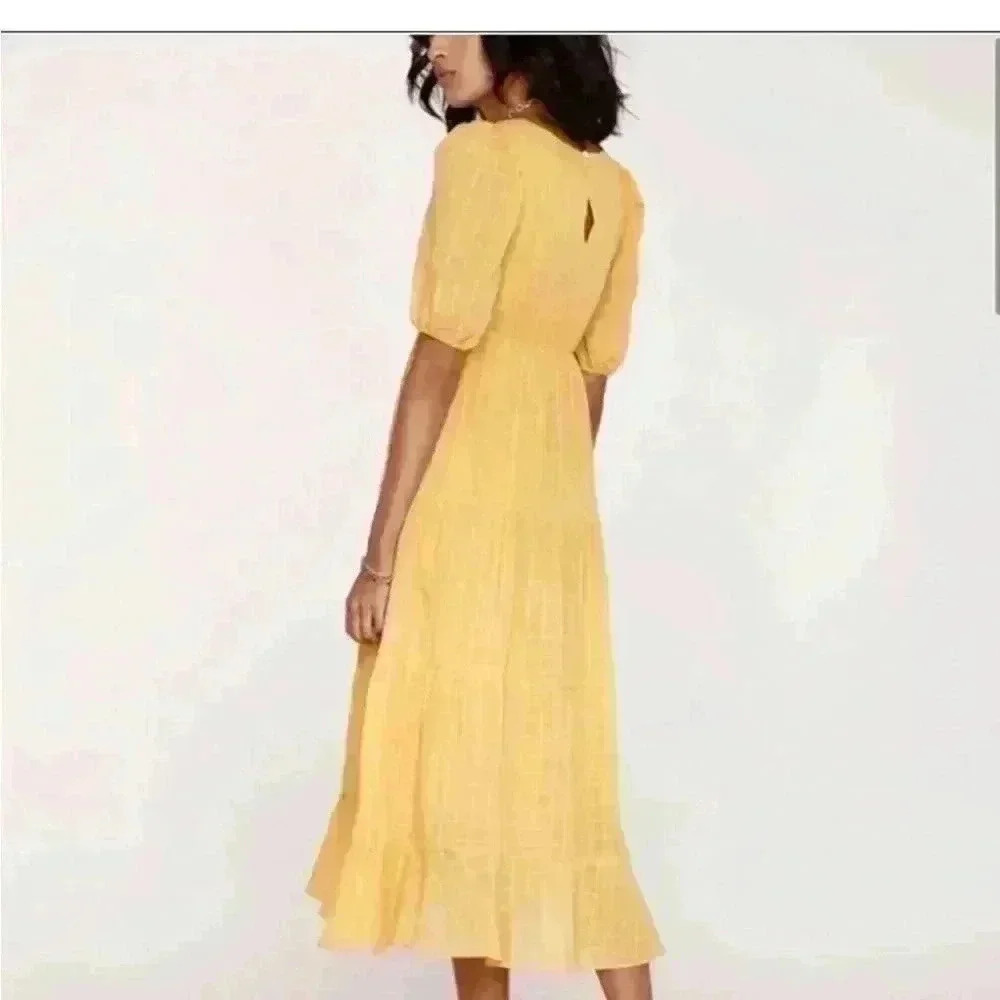 Heartloom Halia Dress NWOT Midi Women’s XS Yellow Tiered Wrap Puff Sleeve Yellow - Picture 2 of 7